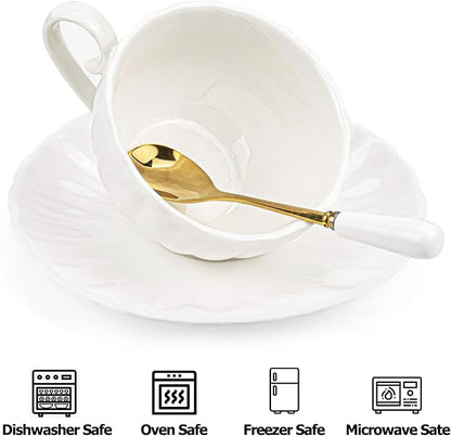 Yesland Set of 6 Royal Tea Cups and Saucers, 6 oz White Porcelain Tea Set & - Image 4