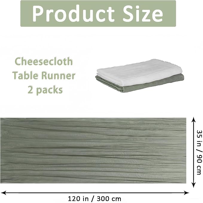 Cheesecloth Table Runner 2 Pack White and Sage Green, Boho Gauze Table Runner - Image 3