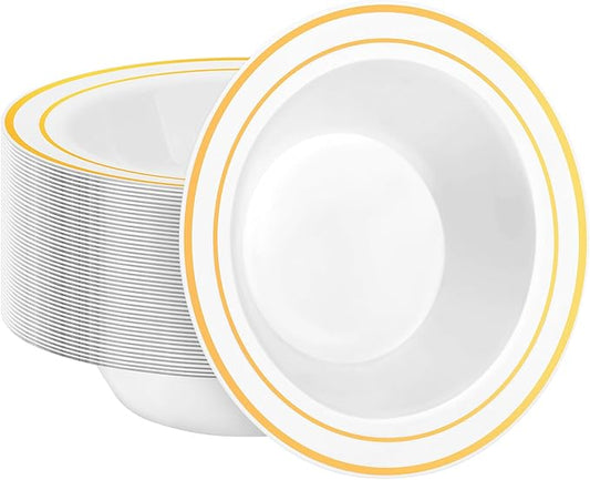 BESTSTAR 50 Pack Disposable Soup Bowls with Gold Rim, 12oz Premium Heavy Duty Plastic Dinner Bowls for Party, Wedding and Holiday