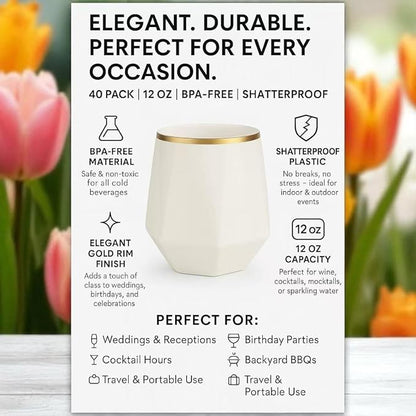 Oojami 40 Pack Disposable Plastic Wine Glasses Gold Rim 12 Oz | Diamond - Image 3