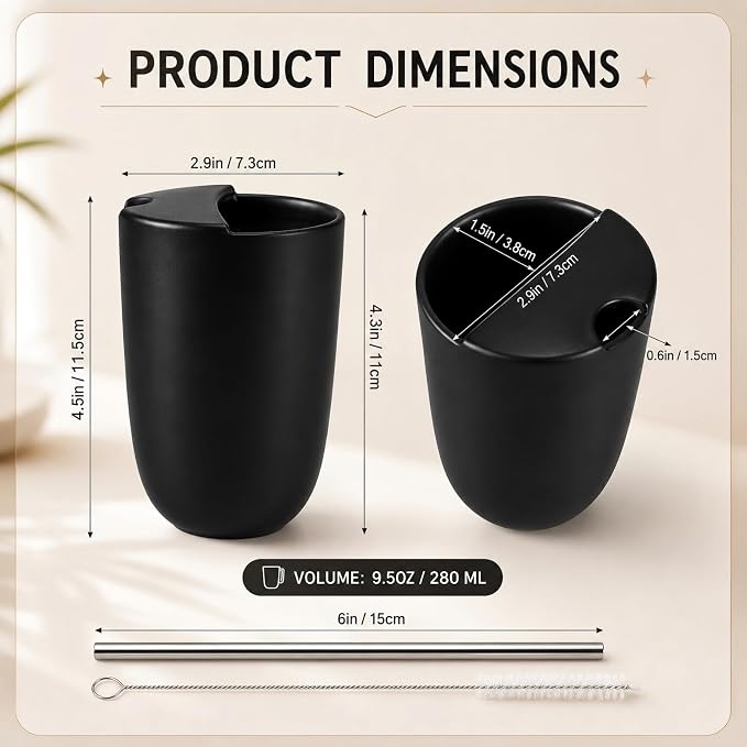 1 Pack Ceramic Coffee Mug with Sip Hole 9.5oz Retro Espresso Cup with Straw and - Image 2