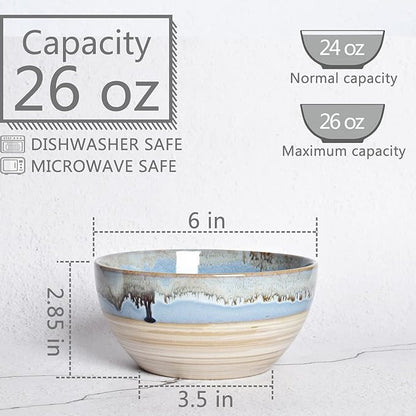 Bosmarlin Stoneware Soup Bowl Set of 4, 26 Oz, Cereal Bowl for Oatmeal, Dishwasher and Microwave Safe, Reactive Glaze (Blue, 6 in)