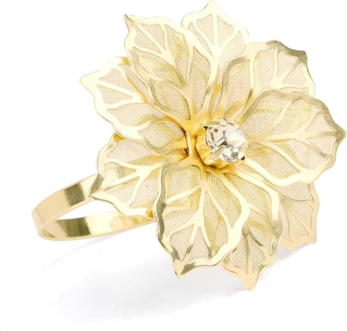 14K Gold Napkin Rings Set of 12, Metal Gold Flower Napkins Rings Holder Buckles - Image 7