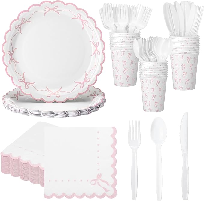 Sieral 144 Pcs Coquette Birthday Party Decor, Scalloped Paper Plates, Napkins by Sieral