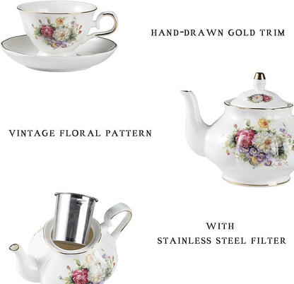 Sweejar Porcelain Tea Set Vintage Floral, British Relief Gold Rim Teapot Cup - Image 2