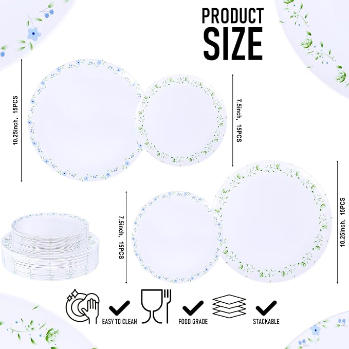 YOUBET 60PCS Blue and Green Floral Plastic Plates - Image 2