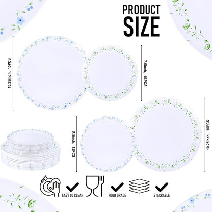 YOUBET 60PCS Blue and Green Floral Plastic Plates - Image 2