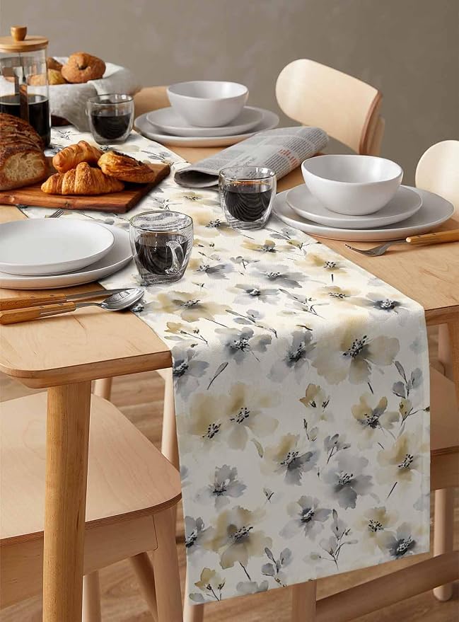 Watercolor Flower Short Table Runners 36 Inches, Cotton Linen Fabric Table - Image 3