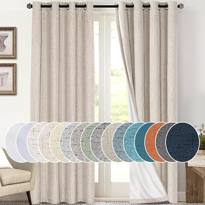PrinceDeco Linen Blackout Curtains for Bedroom 108 Inches Long Thermal Insulated Textured Blackout Curtains for Living Room Grommet Heat and Full Light Blocking Drapes 2 Panels, Natural, 52x108 Inch