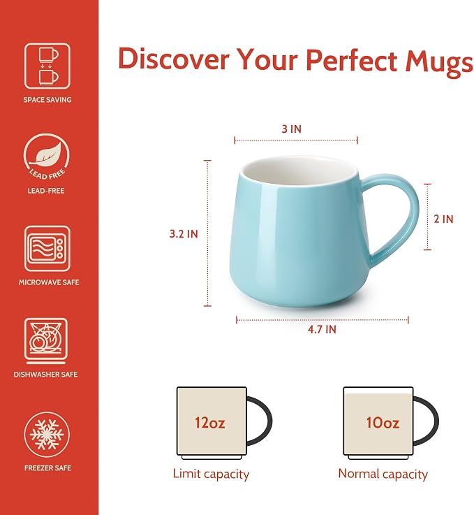 Sweese Porcelain Coffee Mugs Set of 6, 12 Ounce Coffee Cups - Image 2