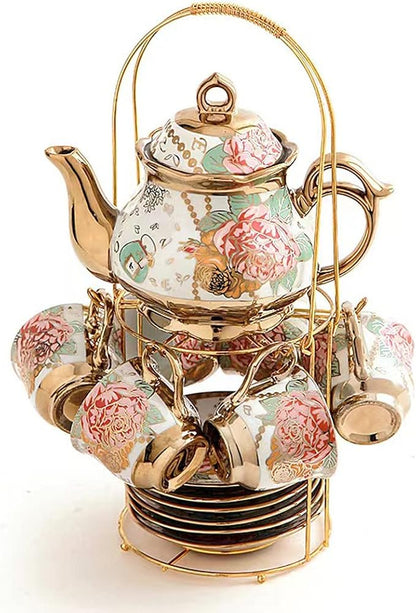 CHANJOON Gold Plated Red Rose Ceramic Tea Set, Vintage Tea Sets by CHANJOON