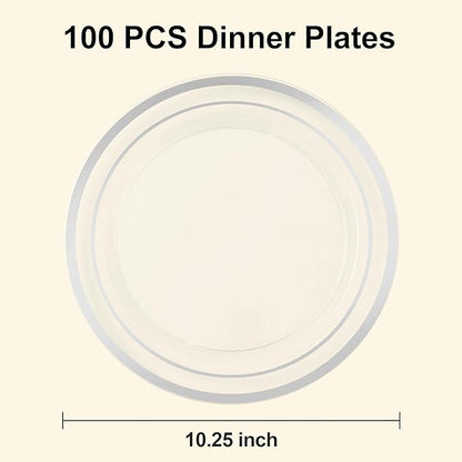 BESTSTAR 100PCS Clear Plastic Plates for Party, 10.25 Inch Disposable Plates with Silver Rim, Heavy Duty Dinner Plates for Christmas, Wedding and Birthday