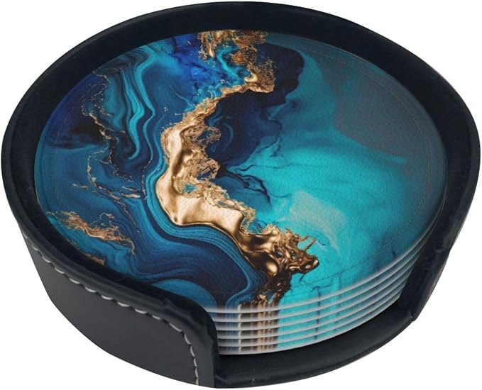 Cyan Mint Liquid Watercolor Teal Turquoise Marbled Premium Leather Coasters - Image 3