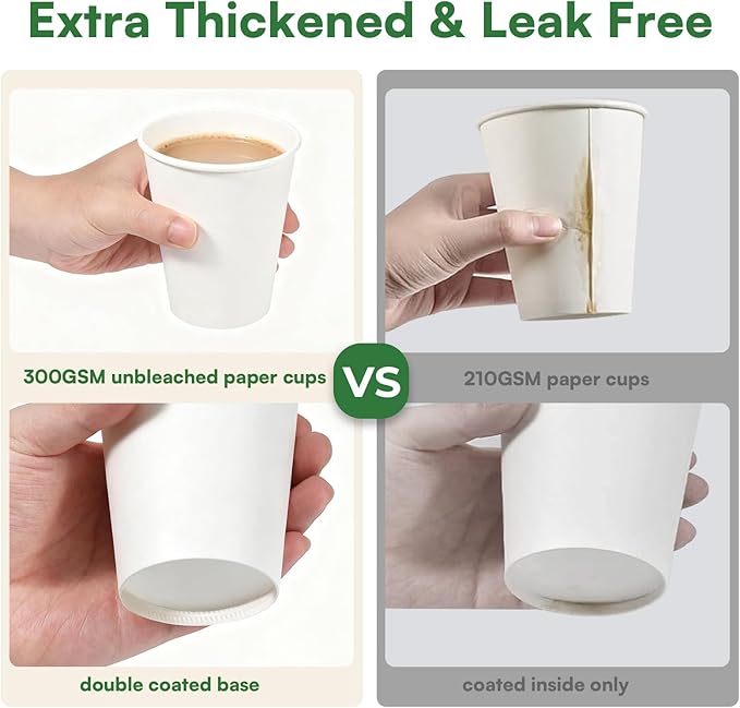 Small Paper Cups 8 oz Coffee Cups Disposable, 200 Pack Leak Proof Hot Cups, 300GSM Thickened White Disposable Cups, Unbleached Small Drink Cups for Everyday Office Coffee Bar Supply Party Essentials