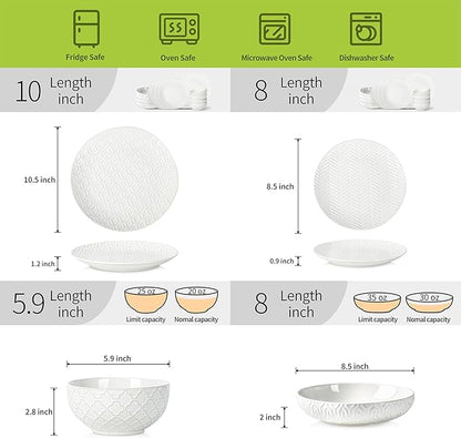 Sureasy Ceramic Dinnerware Set for 4-16 Pieces Embossed Plates and Bowls Sets, Scratch Resistant Dish Set, Microwave, Oven & Dishwasher Safe, White