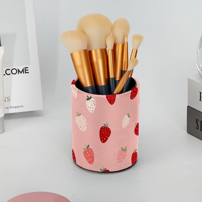 Leather Pen Holder for Desk, Cute Strawberries Print Pencil Cup Pen Organizer - Image 6