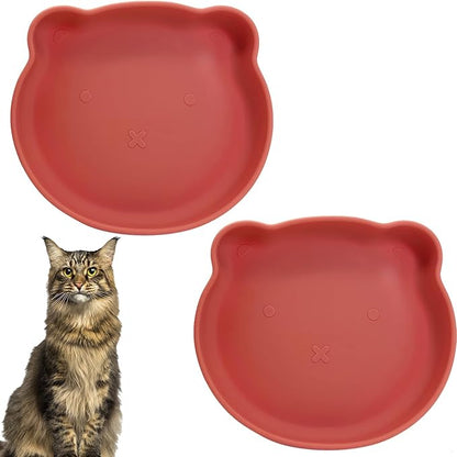 Silicone Cat Food Bowl Suction Cup Cat Dish 7" Shallow Cats Food & Water Bowls Set of 2 Non-Slip Kitty Plates Relief Whisker Fatigue Puppy Feeding Bowl for Dry & Wet Food (Red)