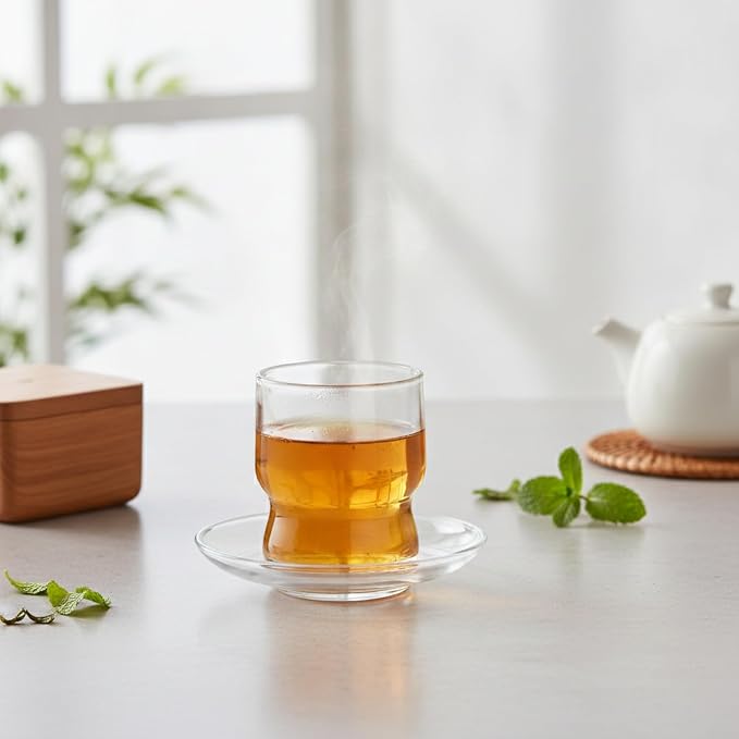 Layered Glass Tumbler with Saucer, Handleless Clear Cup - Image 3