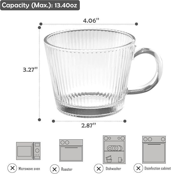 13oz Vintage Coffee Mugs 2 pack Striped Glass Tea Cups - Image 2