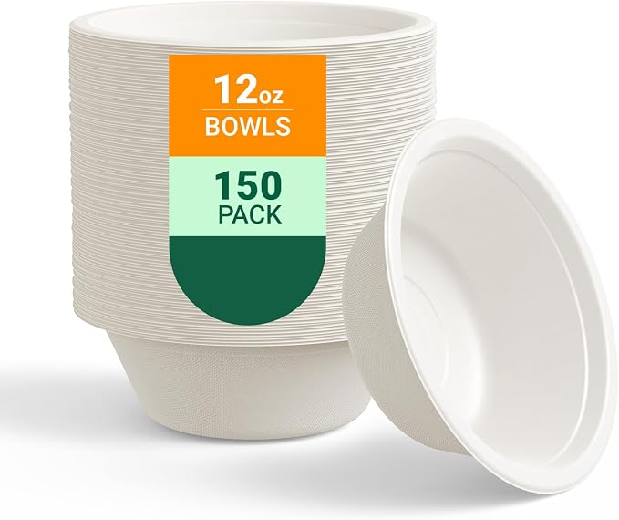 150 Pack 12 oz Compostable Paper Bowls Disposable by ECOLipak