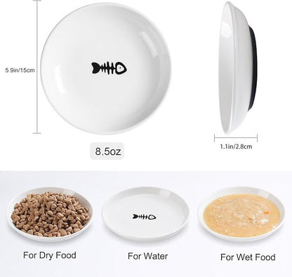Cat Food Bowl,Healthy Ceramic Cat Bowls for Indoor Cats,Anti Whisker Fatigue Cats Dishes Set,Shallow Wide Kitten Plates for Food and Water,Non-Slip Silicone Bottom,3 Pack