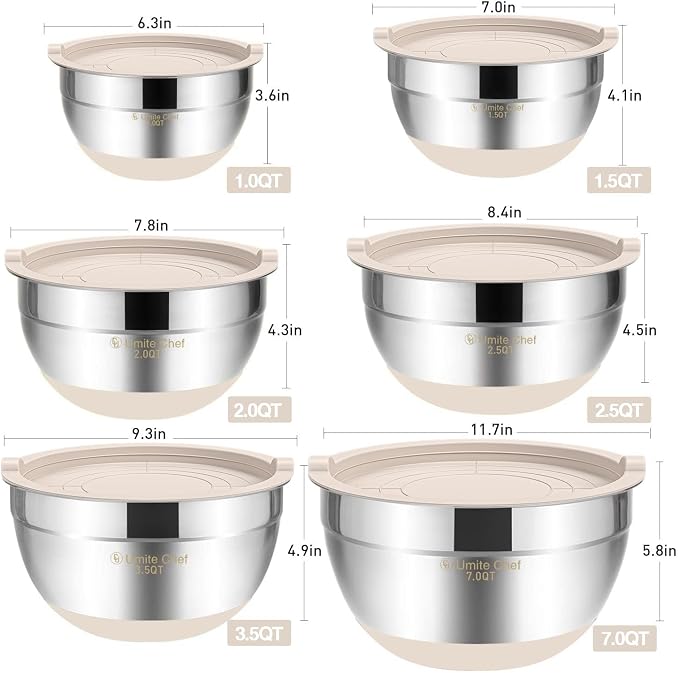 Umite Chef Mixing Bowls with Airtight Lids, 6 piece Stainless Steel Metal - Image 6