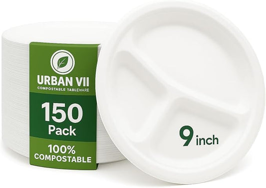 9-Inch Compostable Paper Plates [150-Pack] – Heavy-Duty Disposable Plates Made from Bagasse (Sugarcane Fiber), Eco-Friendly Biodegradable Dinnerware, Microwave-Safe & Leak-Proof