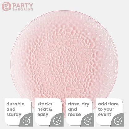 PARTY BARGAINS 13-Inch Charger Plates - 16 Pack, Hammered Pink, Heavy-Duty Disposable Chargers for Elegant Dining - Ideal for Weddings and Formal Events