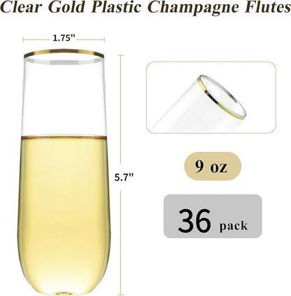 Bestluck 36 Pack 9 oz Stemless Plastic Champagne Flutes Gold Rim | Clear - Image 2