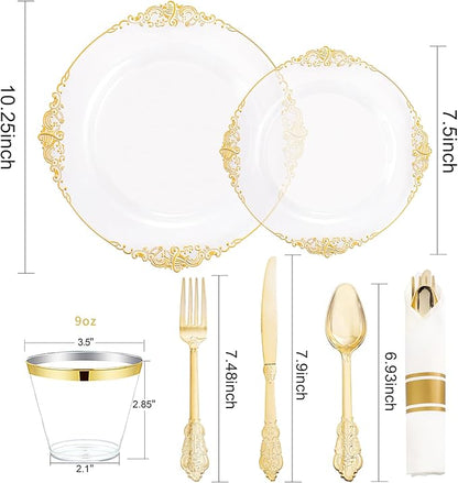Nervure 175PCS Clear Gold Plastic Plates - Disposable Gold Party Plates & Pre Rolled Napkins with Cutlery for 25 Guests, 50Plates, 75Silverware, 25Cups, 25Napkin for Wedding & Party
