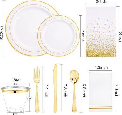 GATHER 176 Pieces Gold Dinnerware Disposable - White and Gold Plastic Plates Includes 50 Plates, 25 Plastic Silverware, 25 Napkins, 25 Cups and 1 Tablecloth for Wedding Party