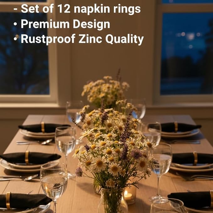Shiny Gold Napkin Rings Set of 12, Zinc Alloy Circle Style, Modern Cuff Design - Image 3