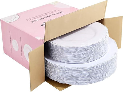 WDF 100pcs Silver Plastic Plates - High-end Baroque Design - Heavy Duty White &Silver Plates for Christmas Upscale Parties &Wedding