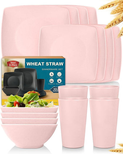 Teivio 16-piece Plastic Wheat Straw Square Dinnerware Set by Teivio