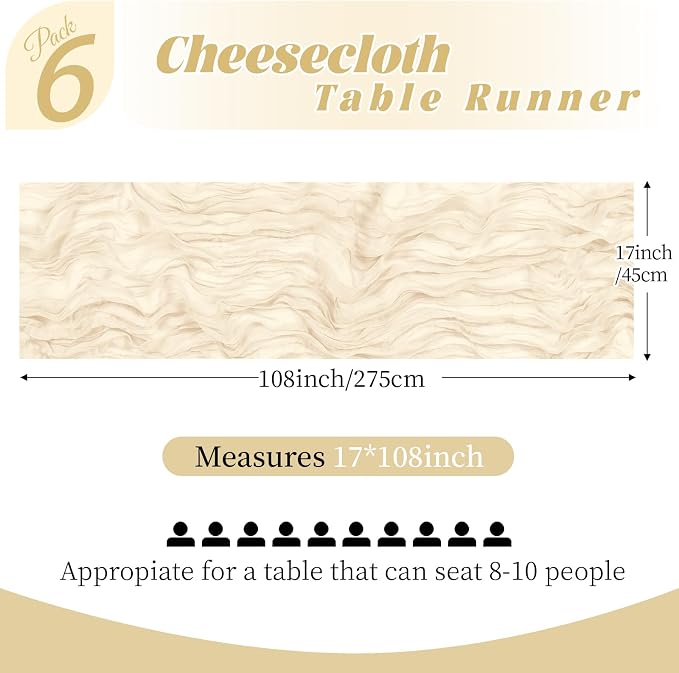 6 Pack Ivory Cheesecloth Table Runner, 17 x 108 Inch, Gauze Cheese Cloth Table - Image 2
