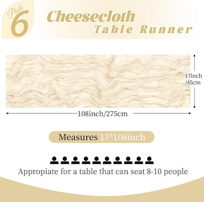 6 Pack Ivory Cheesecloth Table Runner, 17 x 108 Inch, Gauze Cheese Cloth Table - Image 2