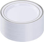 BESTVIP 50PCS Silver Plastic Plates, 10.25 Inch Disposable Dinner Plate Party with Silver Rim, Heavy Duty Disposable Plastic Plates for Christmas, Thanksgiving, Party, Wedding and Birthday
