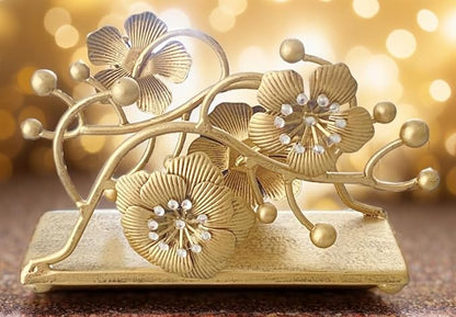 Gold Orchid Blooms Napkin Holder| Exquisite Orchid Flowers & Faux Crystals Design| Vertical Iron Metal Disposable Tissue Paper Towel Tabletop Dispenser Organizer| Bathroom Kitchen Hotel