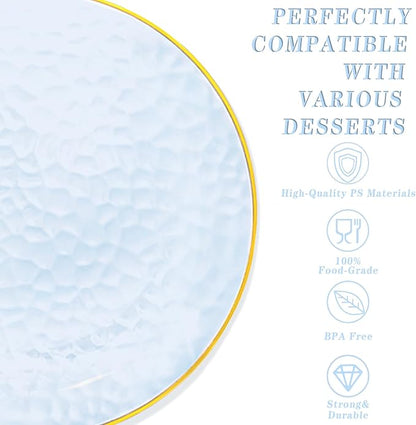 Rubtlamp 60 Pcs Blue Gold Plastic Plates, Hammered Plastic Dessert/Salad Plates, 7-Inch Blue Dessert Platos,Appetizer Platos Disposable Perfect For Wedding