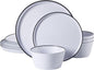 Gibson Home Folsom Shores 12 Piece Unbreakable Modern Melamine Plates and Bowls Dinnerware Set - Outdoor, Camping, & Everyday Use - White W/Black Rim