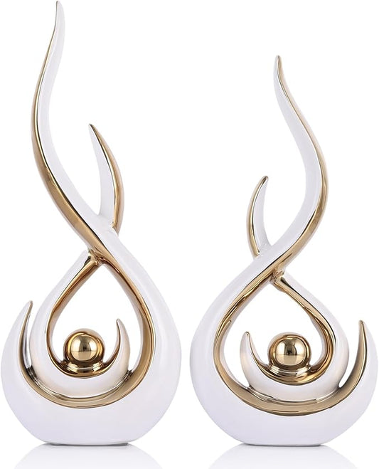 Ceramic Abstract 2 Piece Statue Set, White and Gold Home Decor Accents for Home Decor Statue Mantel Shelf Decor Unique Shelf Decor on Mantel, TV Cabinet Divider Table Top and Dining Table Centerpiece.