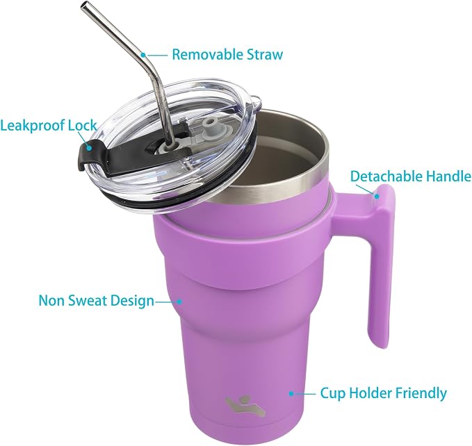 Konokyo 40 oz Tumbler with Handle and Straw, Insulated Travel Mug | Lavender; - Image 2