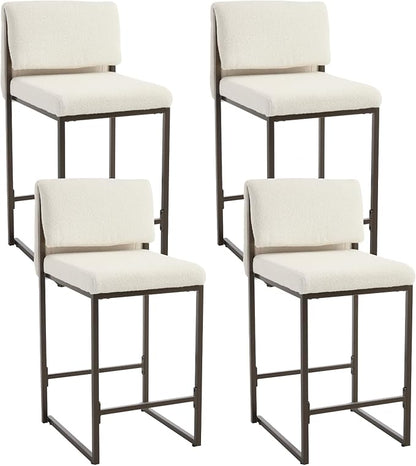 Modern Barstools Set of 4, 26” Upholstered Counter Height Bar Stools Sherpa Fabric Counter Stools with Padded Back Metal Frame for Kitchen Island Dining Room, White