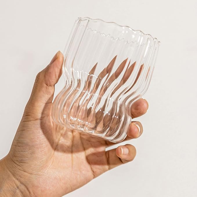 MANMAOHE 10 Oz Ribbed Glass Cups Set of 2 Creative Wavy Drinking Glasses - Image 7