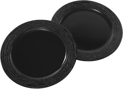 100 PCS Antique Charger Plates Bulk, 13 Inch Round Textured Edge Plastic Dinner Chargers, Bulk Plastic Charger Plates Set for Wedding, Party, Table Decor (Black)
