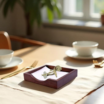 Napkin Holder - Solid Wood Brown Finish Home Decor & Kitchen Decor Table Countertop Serviette & Tissue Holder with Metal Ornament Arm in Silver Gold Finish - Indoor and Outdoor Use - Floral Design