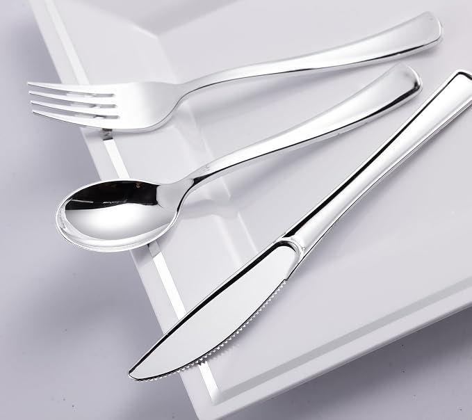 300PCS Silver Plastic Silverware, Disposable Utensils & Cutlery | 100 Forks - Image 6
