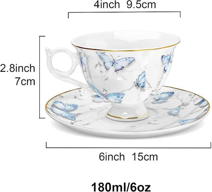 fanquare 6oz British Blue Butterflies Porcelain Tea Cup and Saucer Set of 6 | - Image 6