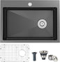 24x18x9 Inch Drop in Kitchen Sink, Handmade 304 Black Stainless Steel Single Bowl, Centre-Offset Drain, R10 Tight Corner, Topmount Kitchen Sink with Strainer & Bottom Grid