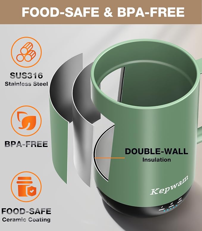 Kepwam Self-Heating Coffee Mug T1, 16oz Rechargeable Heated Coffee Mug - Image 5